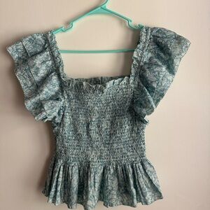 Love the Label Anthropologie Elegant Ruffle Sleeve Smocked Blouse - Blue
